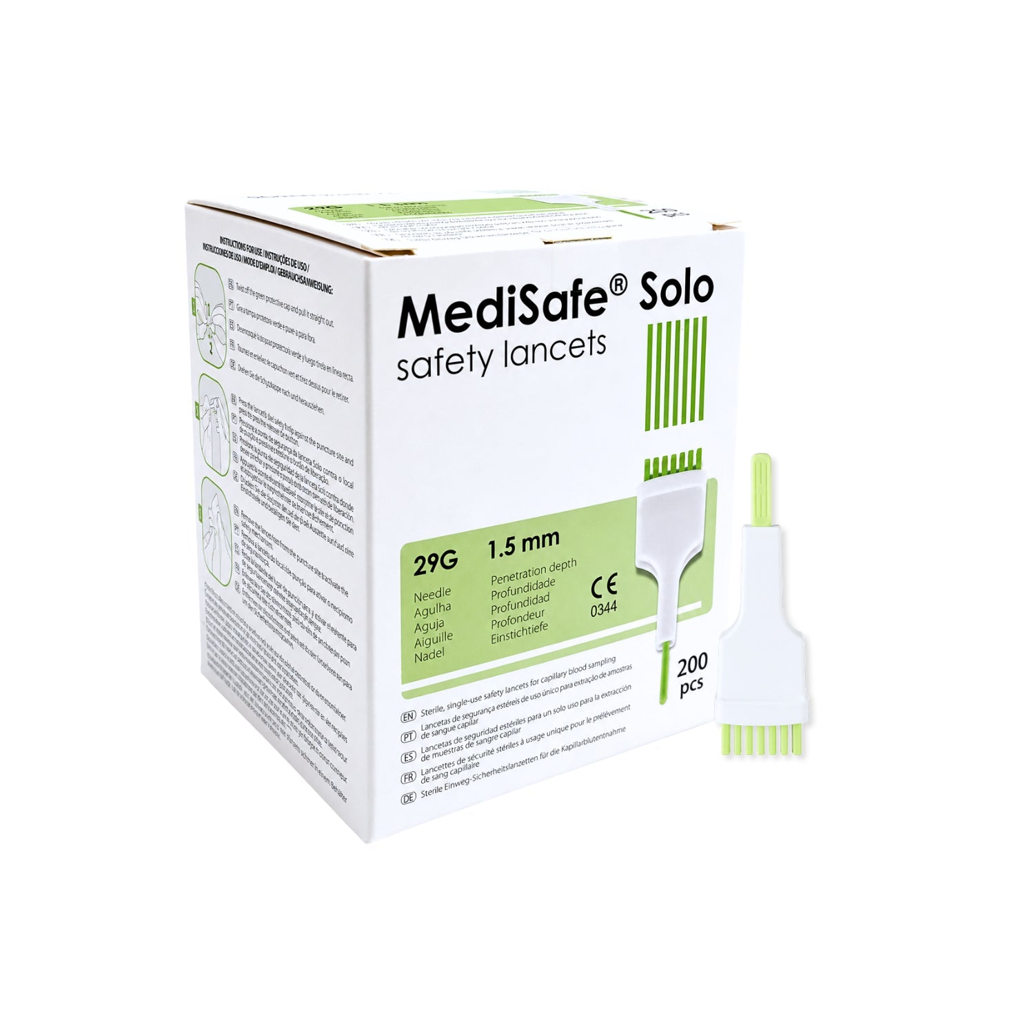 Lancetas de Seguridad MediSafe® Solo 28G x 1.5 mm caja 200 Unidades
