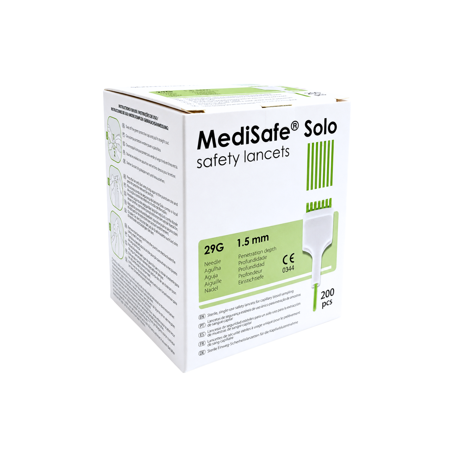 Lancetas de Seguridad MediSafe® Solo 28G x 1.5 mm caja 200 Unidades