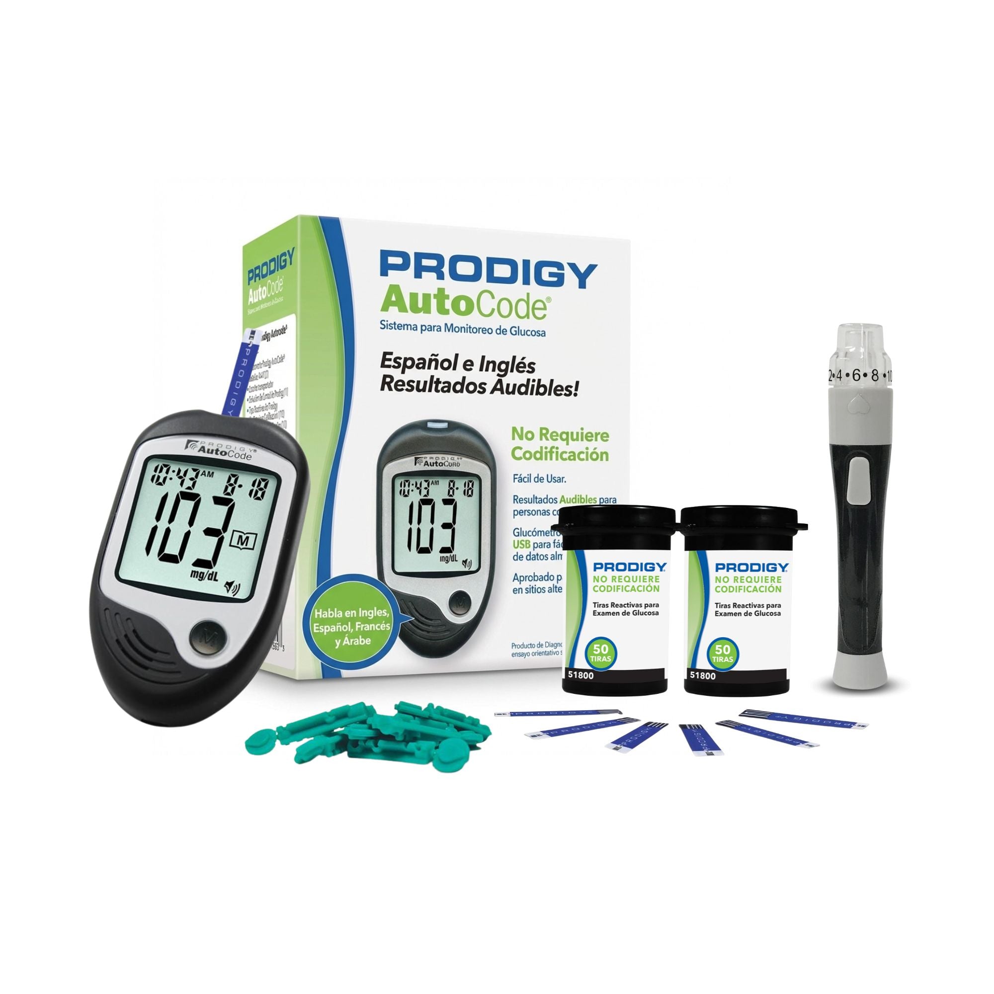 Glucómetro Prodigy + 110 Tiras Reactivas + 10 Lancetas | Kit Completo para Control de Glucosa en Casa
