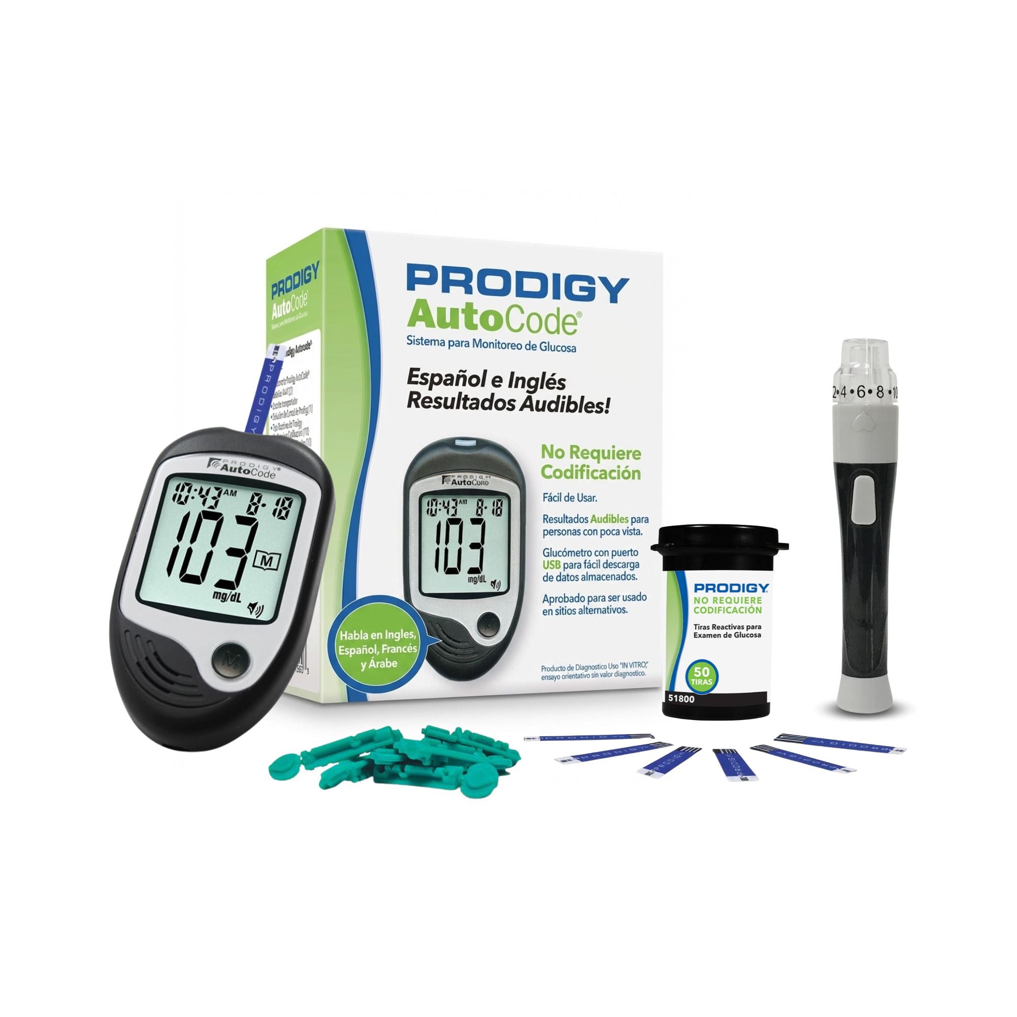 Glucómetro Prodigy + 60 Tiras Reactivas + 10 Lancetas | Kit Completo para Control de Glucosa en Casa