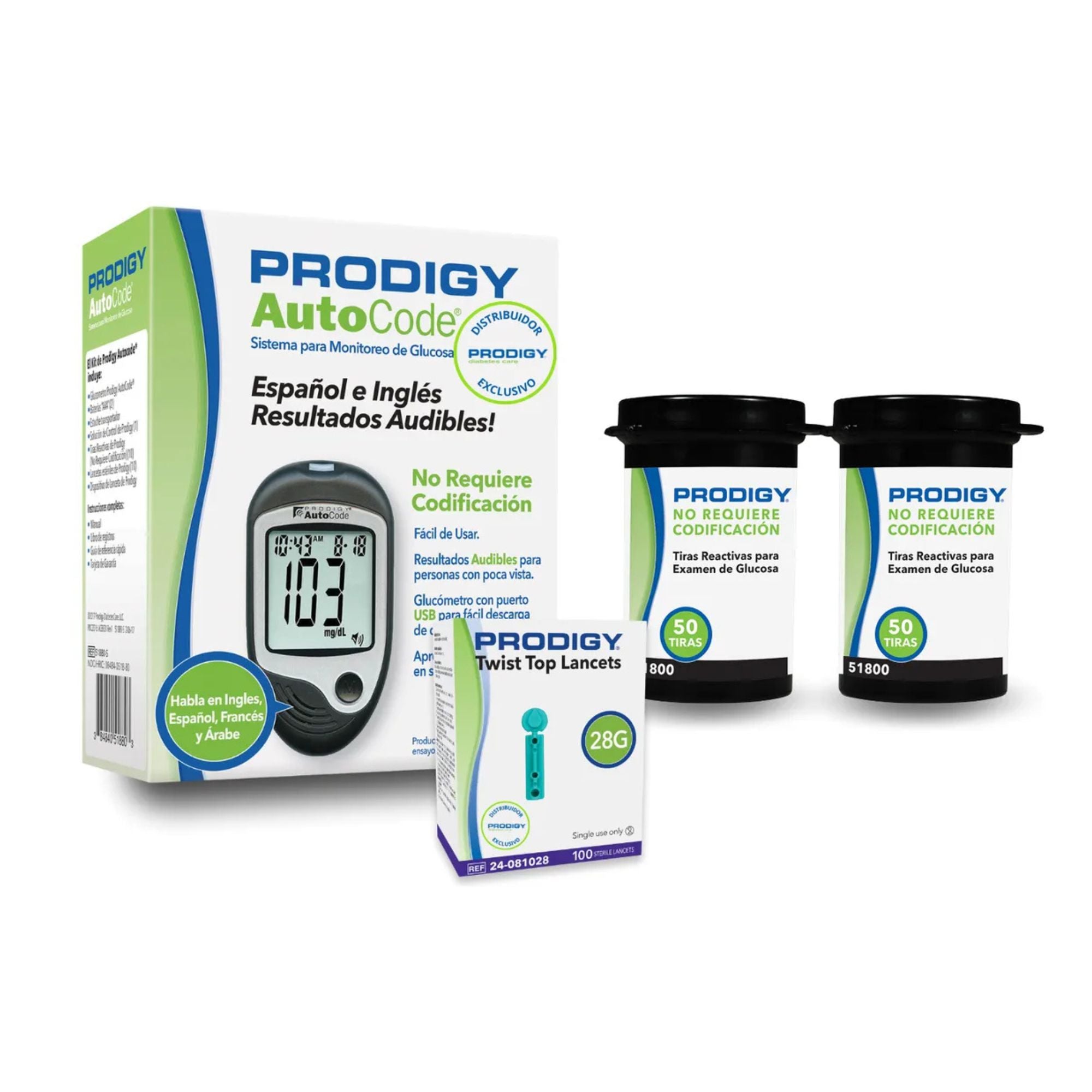 Glucometro Prodigy Con Voz + 110 Tiras + 110 Lancetas