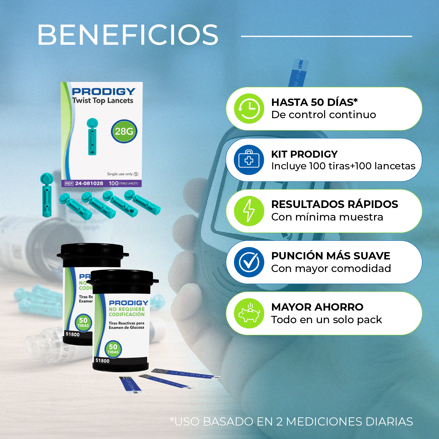 100 Tiras Reactivas Prodigy + 100 Lancetas