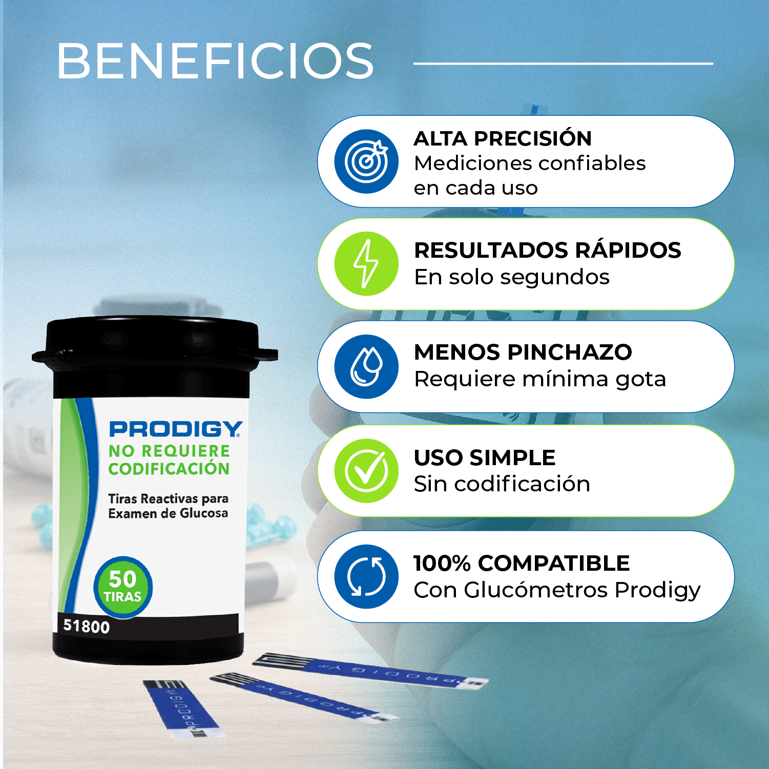 50 Tiras Reactivas Prodigy | Control Preciso de Glucosa en Casa