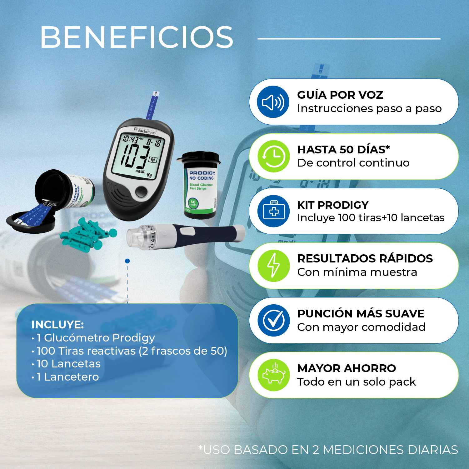 Glucómetro Prodigy + 100 Tiras Reactivas | Kit Completo para Control de Glucosa en Casa