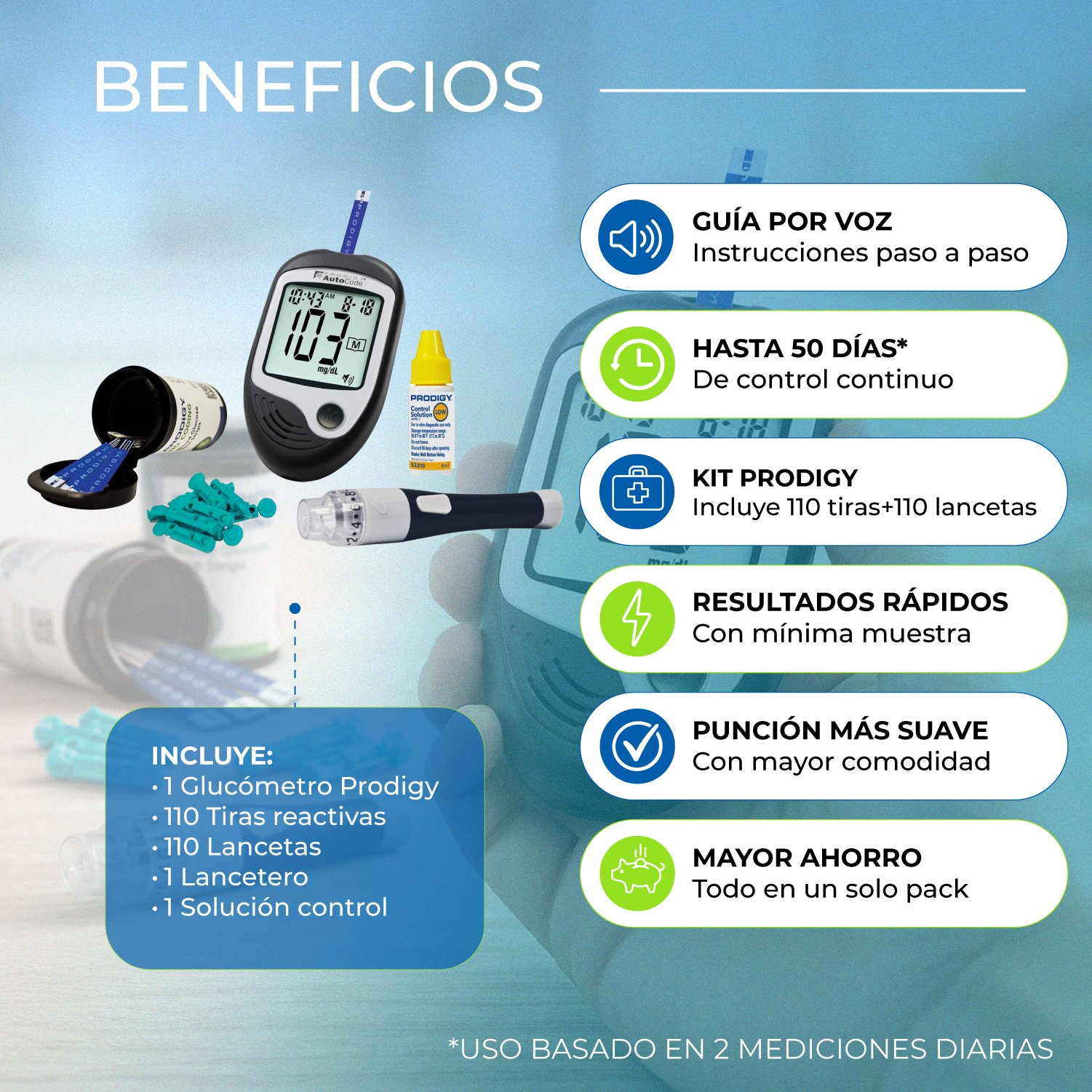 Glucometro Prodigy Con Voz + 110 Tiras + 110 Lancetas