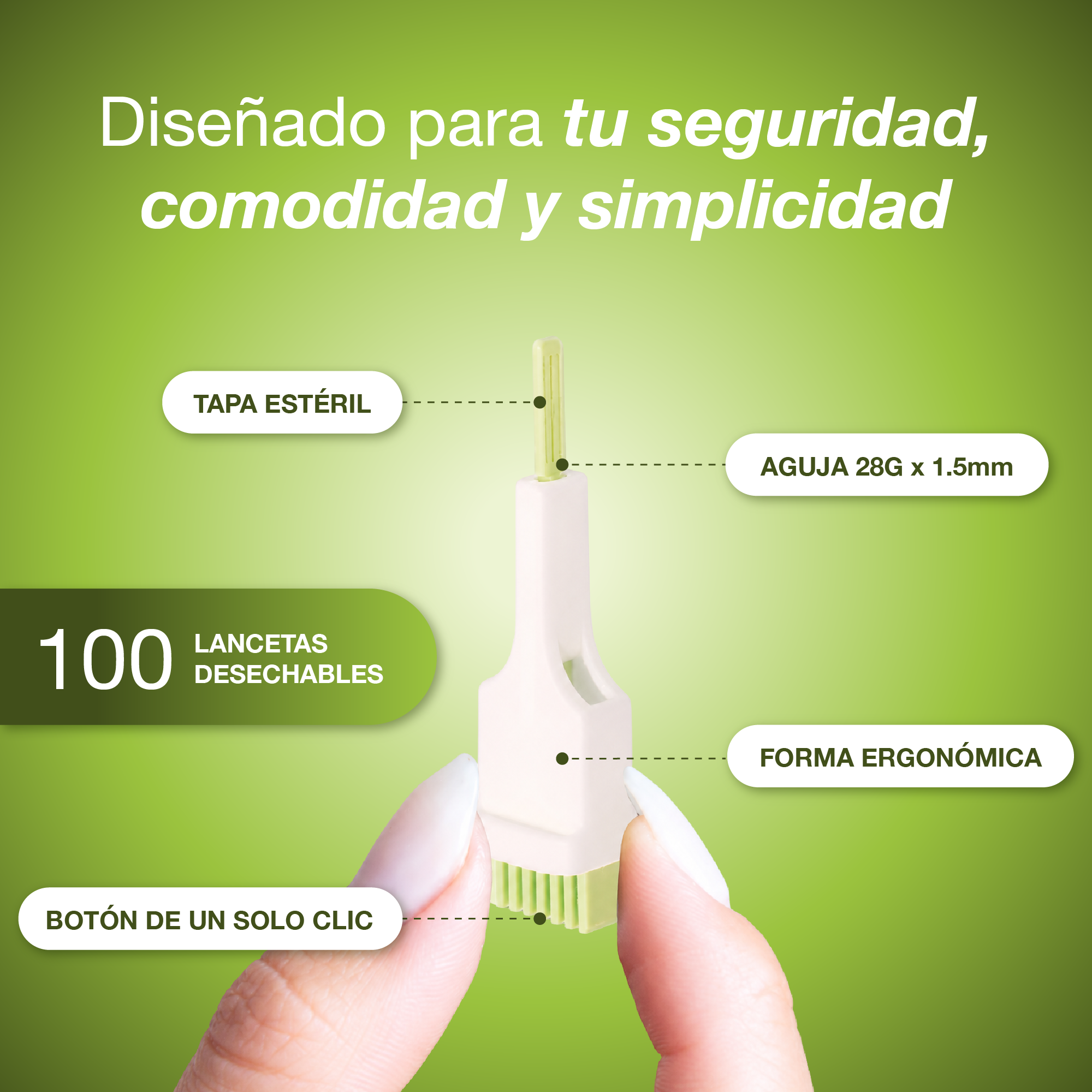 Lancetas de Seguridad MediSafe® Solo 28G x 1.5 mm caja 200 Unidades