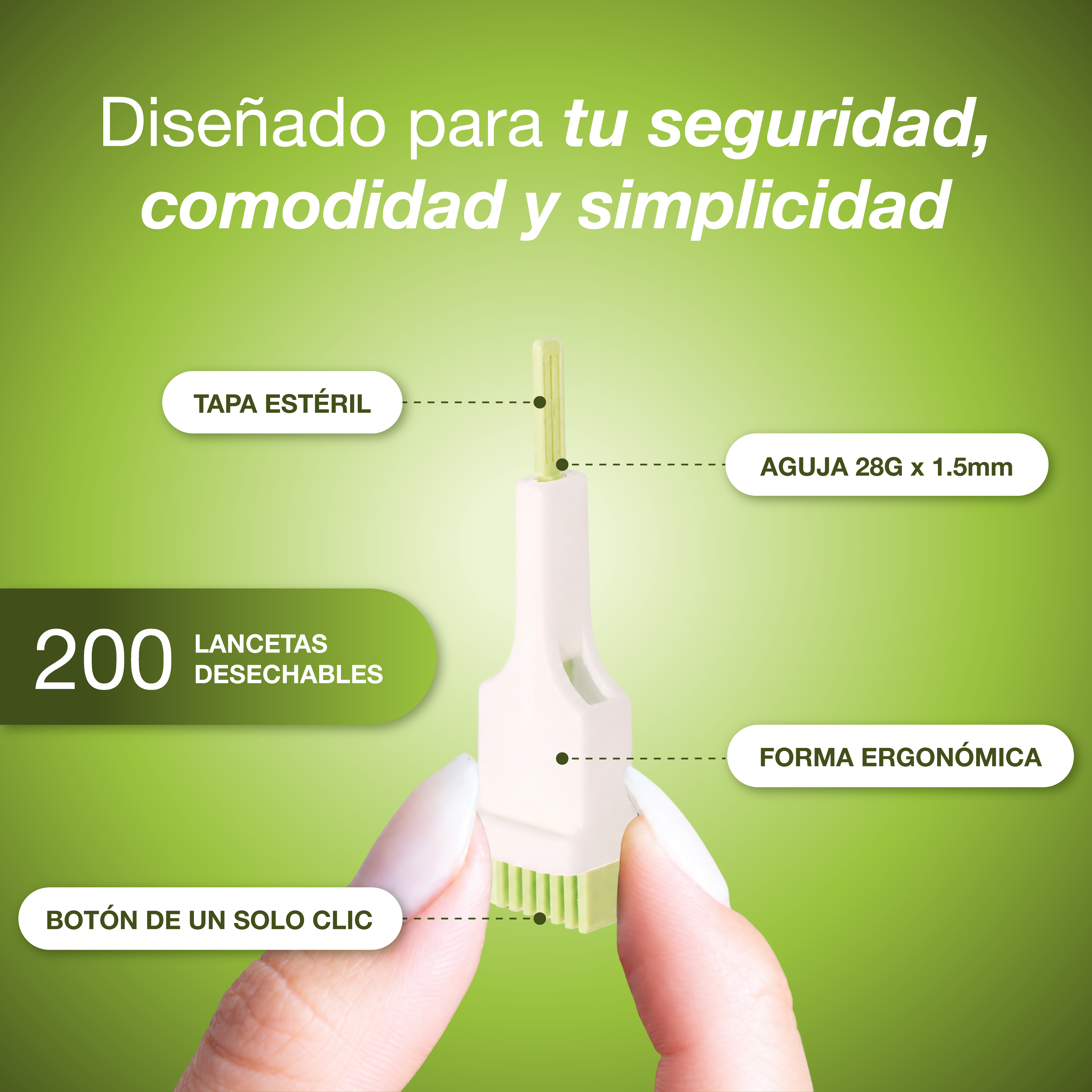 Lancetas de Seguridad MediSafe® Solo 28G x 1.5 mm caja 200 Unidades