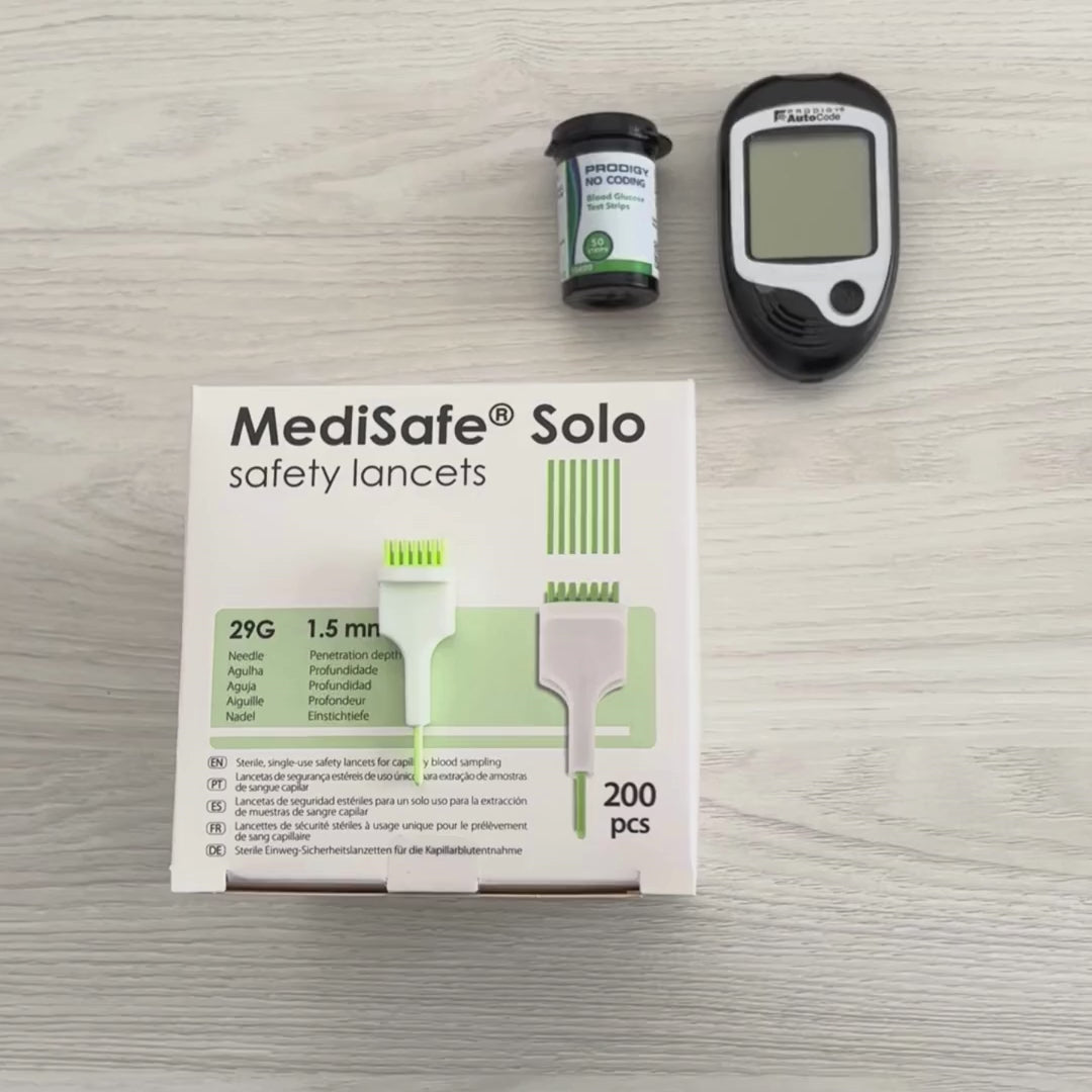 Cargar vídeo: Lancetas de Seguridad MediSafe® Solo 28G x 1.5 mm caja 200 Unidades